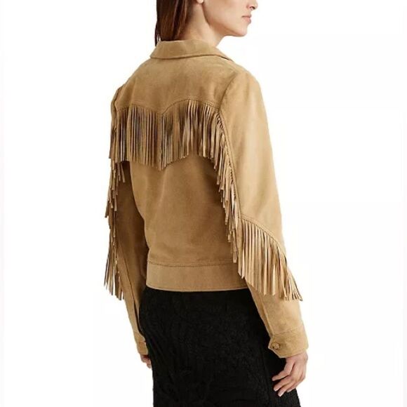 Lauren Ralph Lauren Women’s Fringe Trim Goat Suede Jacket Western Beige NWT $650 - Picture 2 of 16